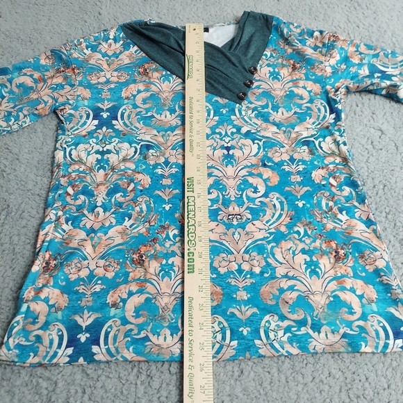 Just Fashion Pullover Top M Blue Paisley Mock Button Collar Soft Cozy Pullover - Picture 9 of 13